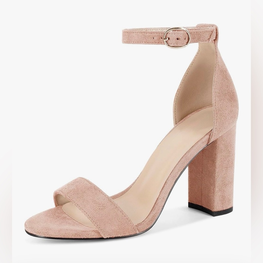 NEW Faux Suede Heels Open Toe Ankle Strap Chunky High Heel Pumps 3.35” 9.5